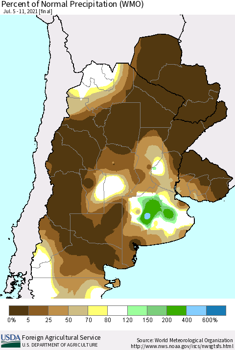 Southern South America Percent of Normal Precipitation (WMO) Thematic Map For 7/5/2021 - 7/11/2021