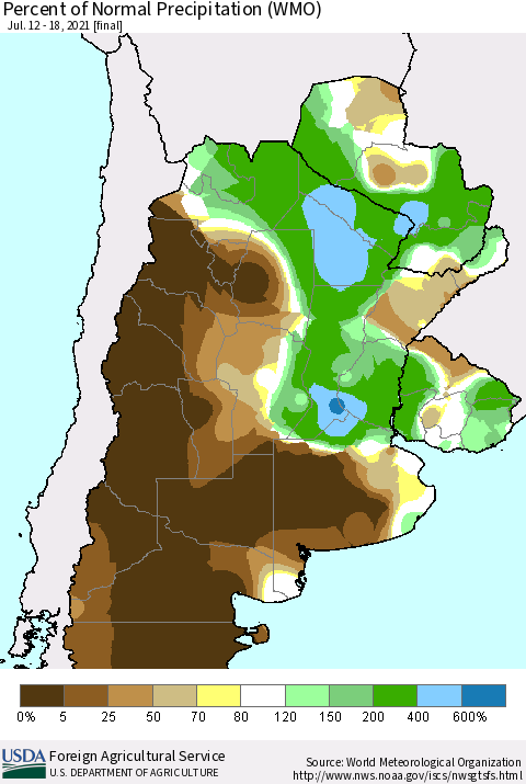 Southern South America Percent of Normal Precipitation (WMO) Thematic Map For 7/12/2021 - 7/18/2021