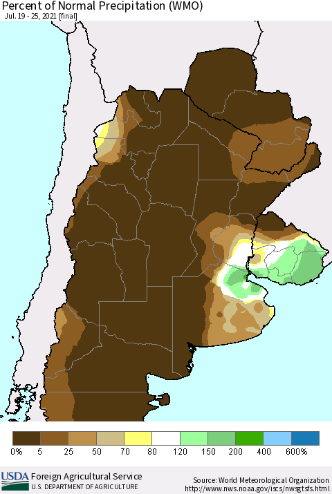 Southern South America Percent of Normal Precipitation (WMO) Thematic Map For 7/19/2021 - 7/25/2021