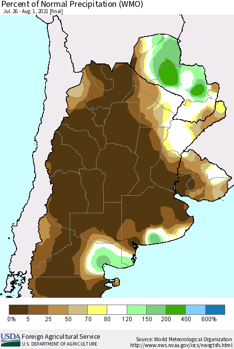 Southern South America Percent of Normal Precipitation (WMO) Thematic Map For 7/26/2021 - 8/1/2021