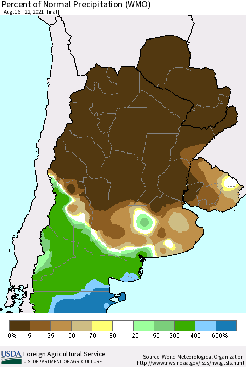Southern South America Percent of Normal Precipitation (WMO) Thematic Map For 8/16/2021 - 8/22/2021
