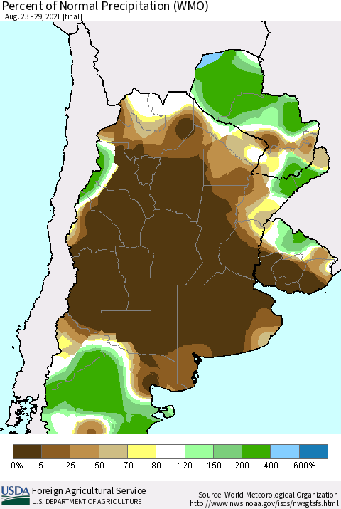 Southern South America Percent of Normal Precipitation (WMO) Thematic Map For 8/23/2021 - 8/29/2021