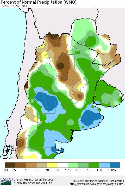 Southern South America Percent of Normal Precipitation (WMO) Thematic Map For 9/6/2021 - 9/12/2021