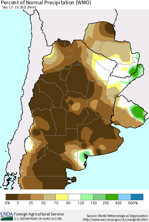 Southern South America Percent of Normal Precipitation (WMO) Thematic Map For 9/13/2021 - 9/19/2021