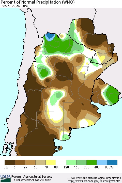 Southern South America Percent of Normal Precipitation (WMO) Thematic Map For 9/20/2021 - 9/26/2021