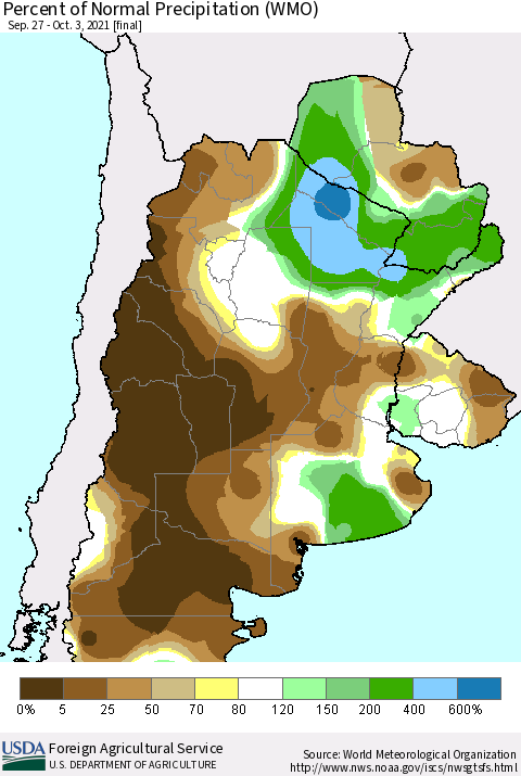 Southern South America Percent of Normal Precipitation (WMO) Thematic Map For 9/27/2021 - 10/3/2021