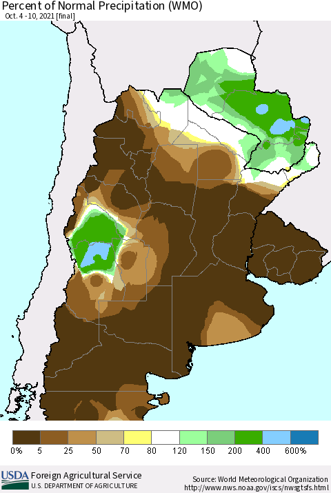 Southern South America Percent of Normal Precipitation (WMO) Thematic Map For 10/4/2021 - 10/10/2021