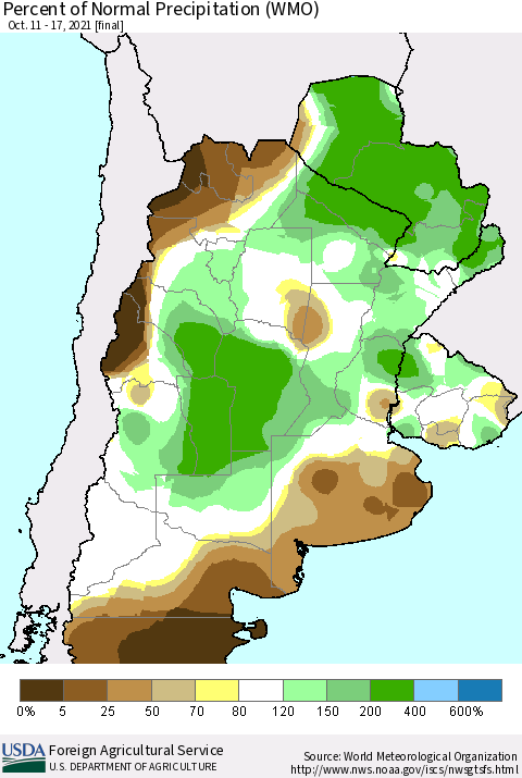 Southern South America Percent of Normal Precipitation (WMO) Thematic Map For 10/11/2021 - 10/17/2021