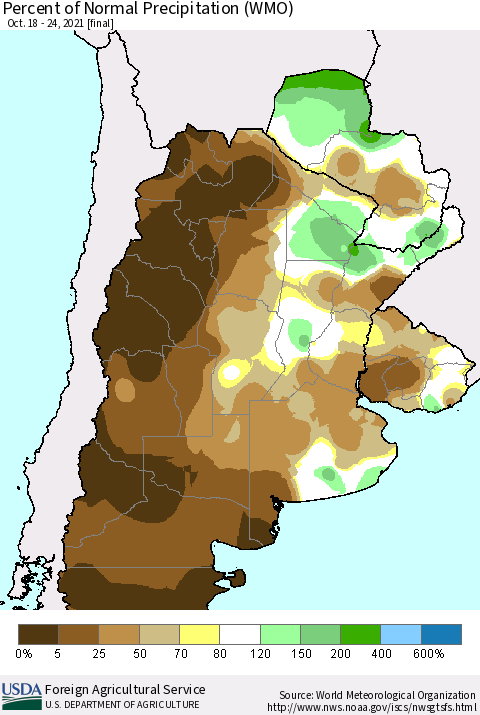 Southern South America Percent of Normal Precipitation (WMO) Thematic Map For 10/18/2021 - 10/24/2021