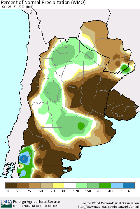 Southern South America Percent of Normal Precipitation (WMO) Thematic Map For 10/25/2021 - 10/31/2021