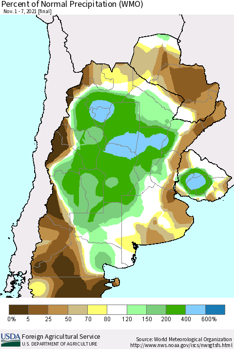 Southern South America Percent of Normal Precipitation (WMO) Thematic Map For 11/1/2021 - 11/7/2021