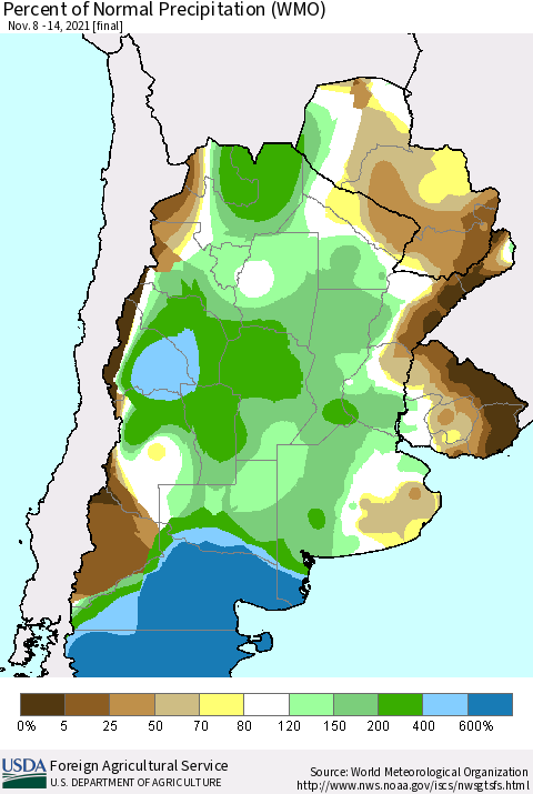 Southern South America Percent of Normal Precipitation (WMO) Thematic Map For 11/8/2021 - 11/14/2021