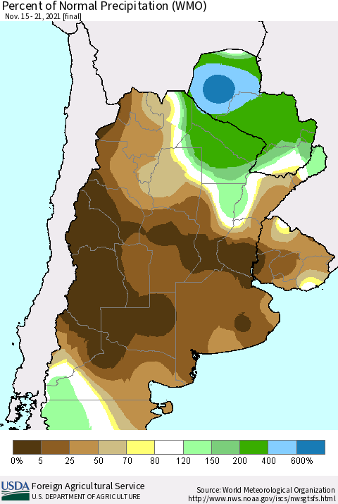 Southern South America Percent of Normal Precipitation (WMO) Thematic Map For 11/15/2021 - 11/21/2021