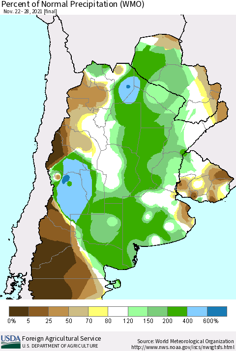 Southern South America Percent of Normal Precipitation (WMO) Thematic Map For 11/22/2021 - 11/28/2021