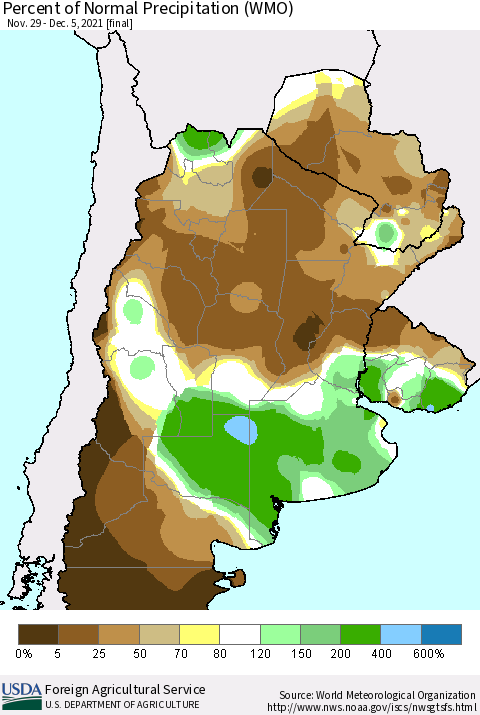 Southern South America Percent of Normal Precipitation (WMO) Thematic Map For 11/29/2021 - 12/5/2021
