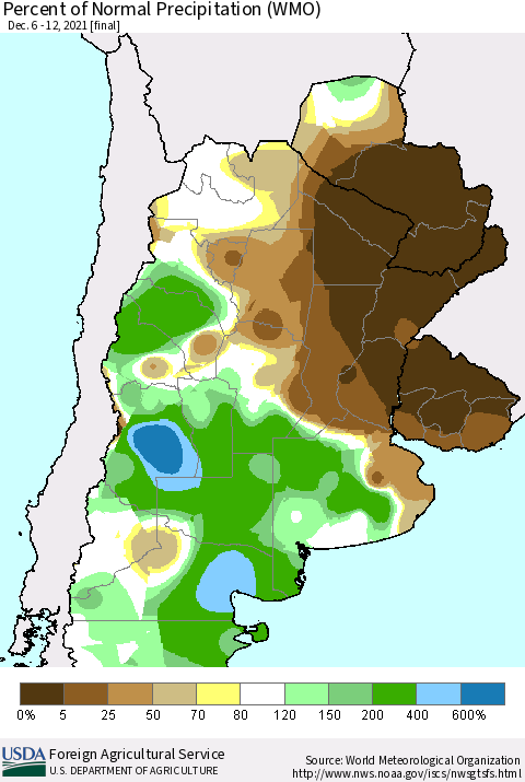 Southern South America Percent of Normal Precipitation (WMO) Thematic Map For 12/6/2021 - 12/12/2021