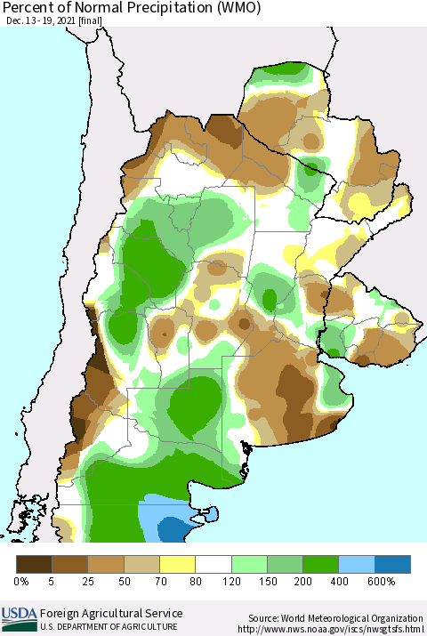 Southern South America Percent of Normal Precipitation (WMO) Thematic Map For 12/13/2021 - 12/19/2021