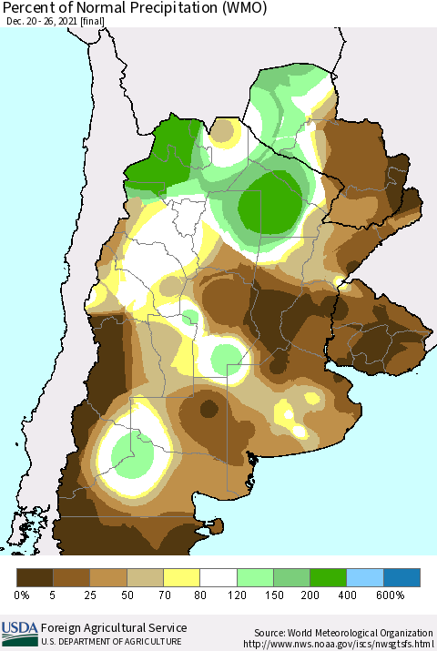 Southern South America Percent of Normal Precipitation (WMO) Thematic Map For 12/20/2021 - 12/26/2021