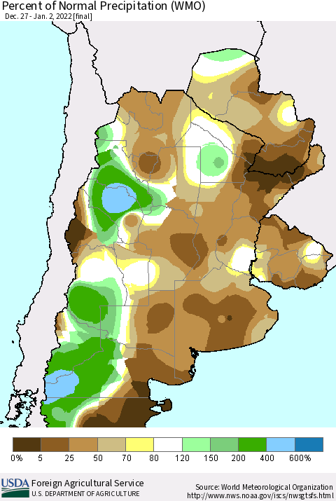 Southern South America Percent of Normal Precipitation (WMO) Thematic Map For 12/27/2021 - 1/2/2022