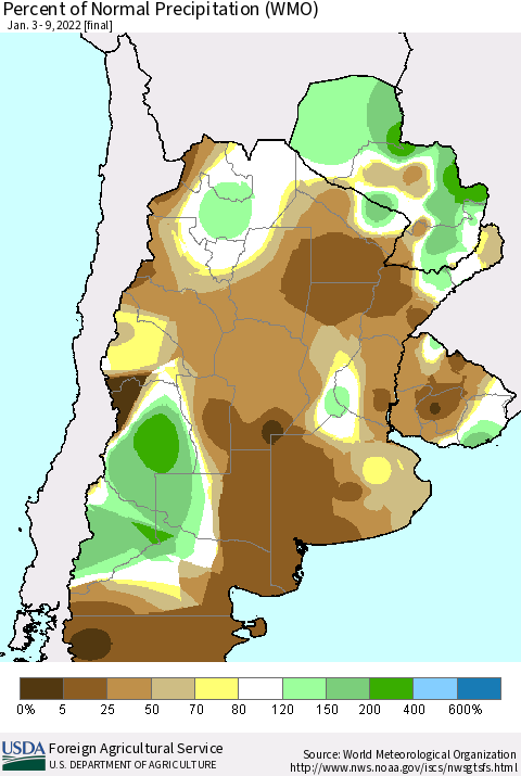 Southern South America Percent of Normal Precipitation (WMO) Thematic Map For 1/3/2022 - 1/9/2022
