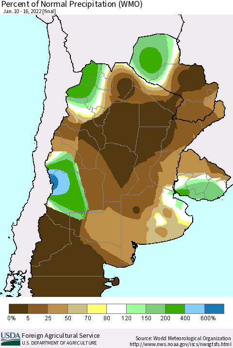 Southern South America Percent of Normal Precipitation (WMO) Thematic Map For 1/10/2022 - 1/16/2022
