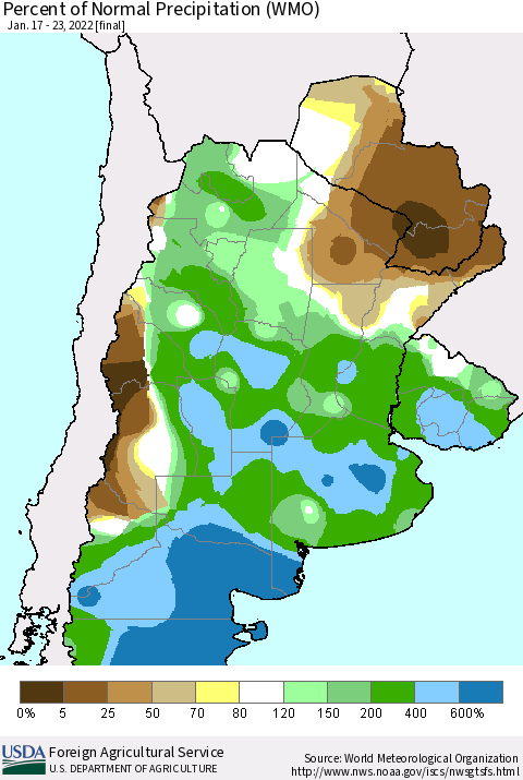Southern South America Percent of Normal Precipitation (WMO) Thematic Map For 1/17/2022 - 1/23/2022