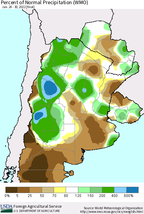 Southern South America Percent of Normal Precipitation (WMO) Thematic Map For 1/24/2022 - 1/30/2022