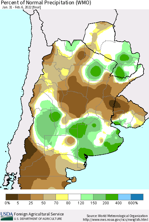 Southern South America Percent of Normal Precipitation (WMO) Thematic Map For 1/31/2022 - 2/6/2022