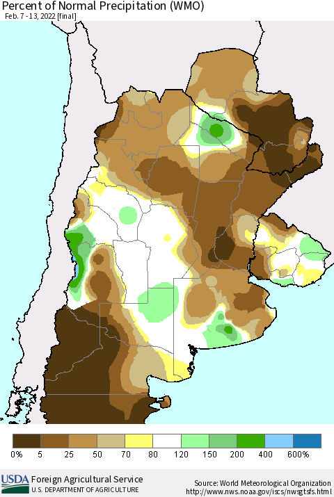 Southern South America Percent of Normal Precipitation (WMO) Thematic Map For 2/7/2022 - 2/13/2022