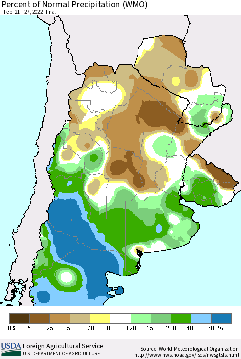 Southern South America Percent of Normal Precipitation (WMO) Thematic Map For 2/21/2022 - 2/27/2022
