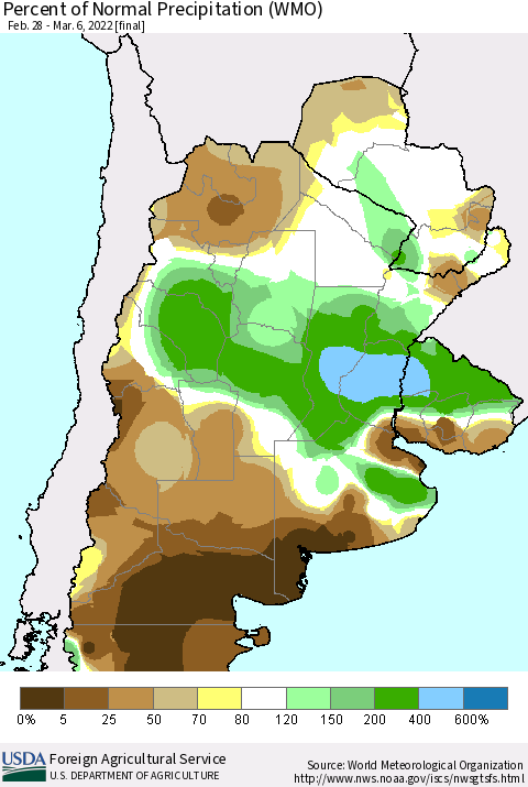 Southern South America Percent of Normal Precipitation (WMO) Thematic Map For 2/28/2022 - 3/6/2022