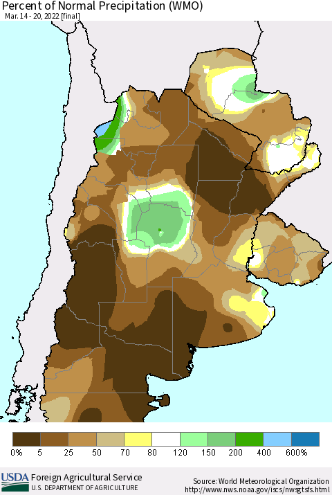 Southern South America Percent of Normal Precipitation (WMO) Thematic Map For 3/14/2022 - 3/20/2022