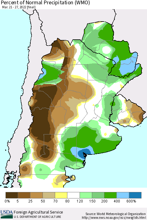 Southern South America Percent of Normal Precipitation (WMO) Thematic Map For 3/21/2022 - 3/27/2022
