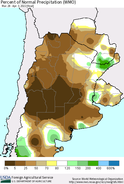 Southern South America Percent of Normal Precipitation (WMO) Thematic Map For 3/28/2022 - 4/3/2022