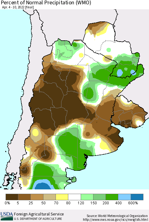 Southern South America Percent of Normal Precipitation (WMO) Thematic Map For 4/4/2022 - 4/10/2022
