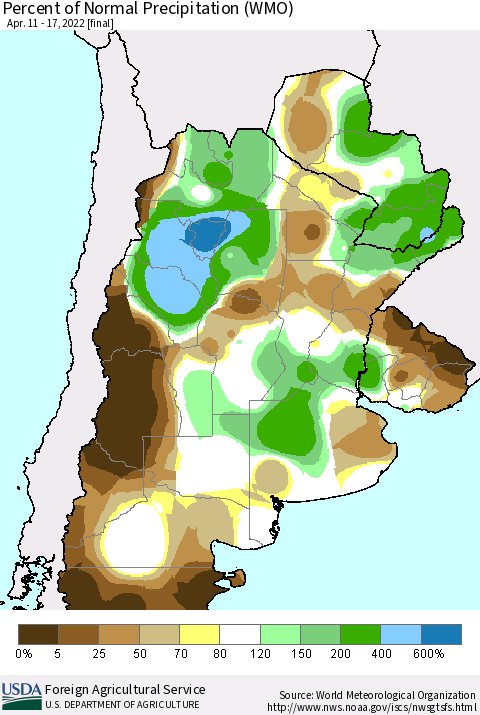 Southern South America Percent of Normal Precipitation (WMO) Thematic Map For 4/11/2022 - 4/17/2022