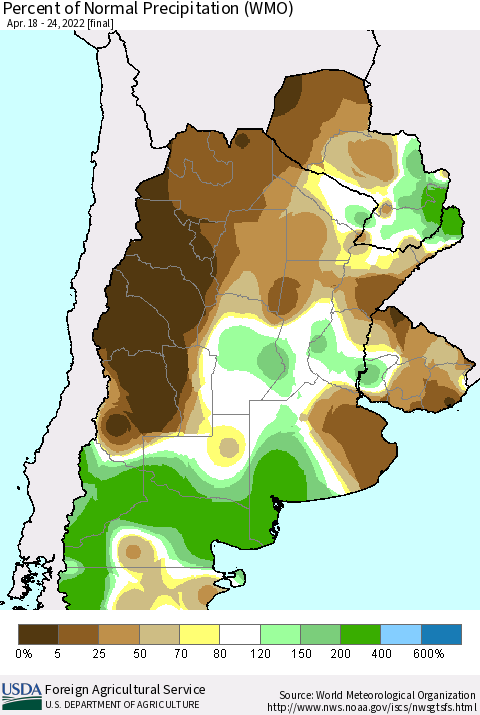 Southern South America Percent of Normal Precipitation (WMO) Thematic Map For 4/18/2022 - 4/24/2022