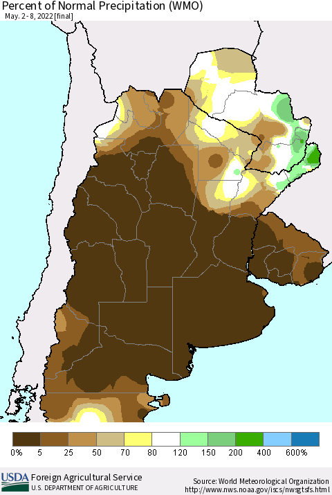 Southern South America Percent of Normal Precipitation (WMO) Thematic Map For 5/2/2022 - 5/8/2022