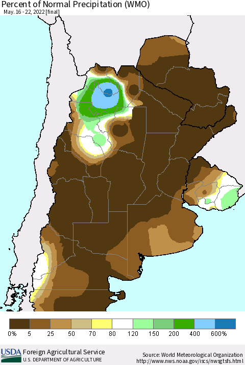 Southern South America Percent of Normal Precipitation (WMO) Thematic Map For 5/16/2022 - 5/22/2022