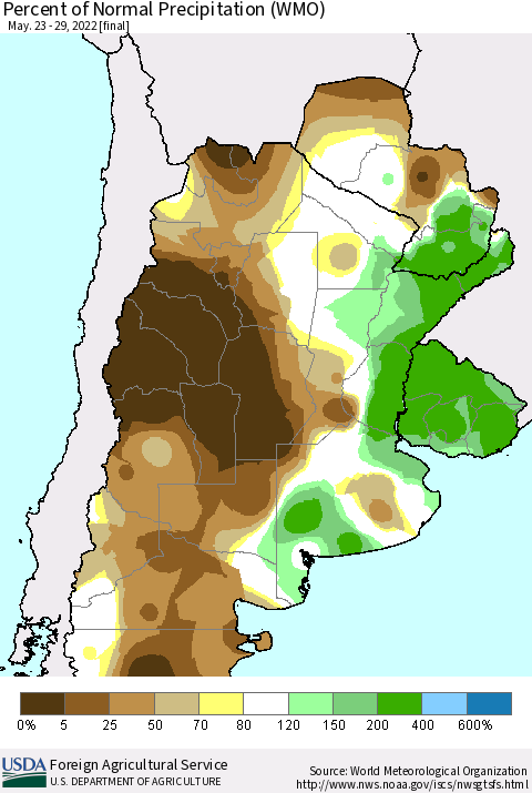 Southern South America Percent of Normal Precipitation (WMO) Thematic Map For 5/23/2022 - 5/29/2022
