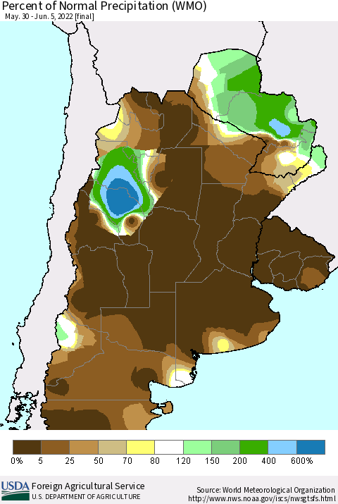 Southern South America Percent of Normal Precipitation (WMO) Thematic Map For 5/30/2022 - 6/5/2022