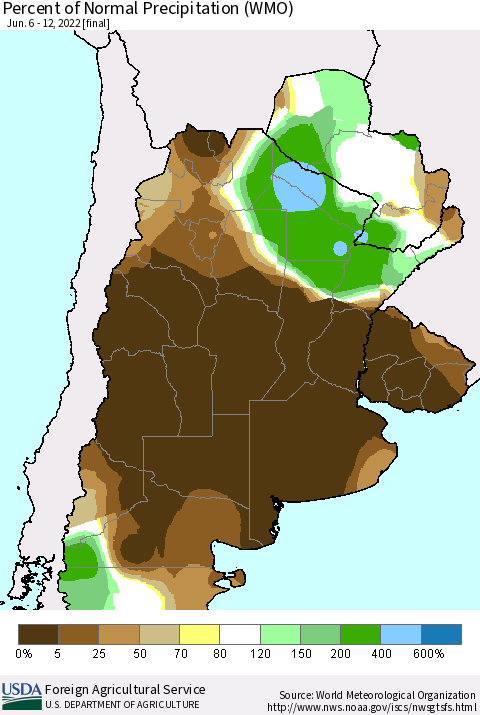 Southern South America Percent of Normal Precipitation (WMO) Thematic Map For 6/6/2022 - 6/12/2022