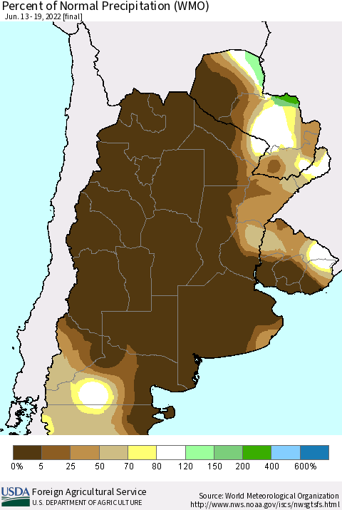 Southern South America Percent of Normal Precipitation (WMO) Thematic Map For 6/13/2022 - 6/19/2022