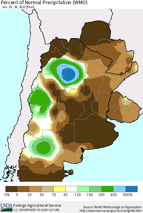 Southern South America Percent of Normal Precipitation (WMO) Thematic Map For 6/20/2022 - 6/26/2022