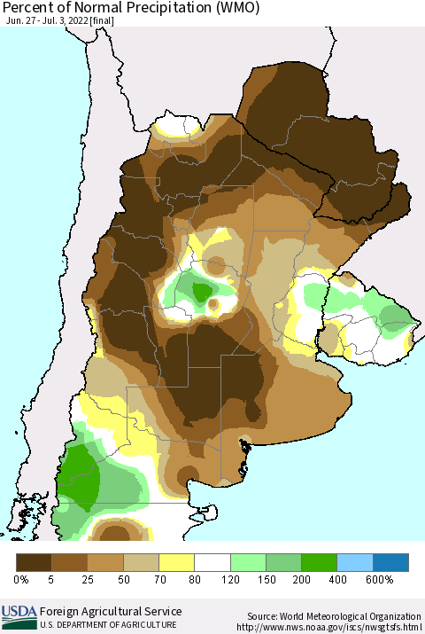 Southern South America Percent of Normal Precipitation (WMO) Thematic Map For 6/27/2022 - 7/3/2022