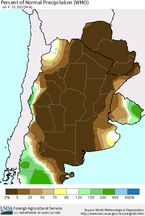 Southern South America Percent of Normal Precipitation (WMO) Thematic Map For 7/4/2022 - 7/10/2022