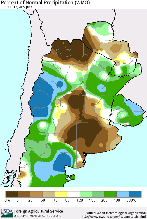 Southern South America Percent of Normal Precipitation (WMO) Thematic Map For 7/11/2022 - 7/17/2022