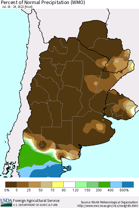 Southern South America Percent of Normal Precipitation (WMO) Thematic Map For 7/18/2022 - 7/24/2022