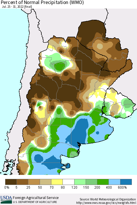 Southern South America Percent of Normal Precipitation (WMO) Thematic Map For 7/25/2022 - 7/31/2022