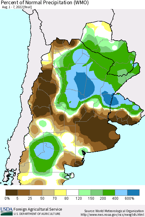 Southern South America Percent of Normal Precipitation (WMO) Thematic Map For 8/1/2022 - 8/7/2022
